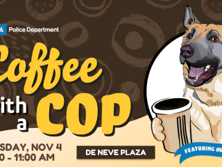 K-9 holding a coffee cup with the text "Coffee with a Cop"