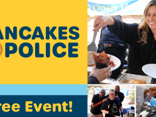 Graphic with text "Pancakes with Police", "Free Event!", and photos of previous pancake breakfasts